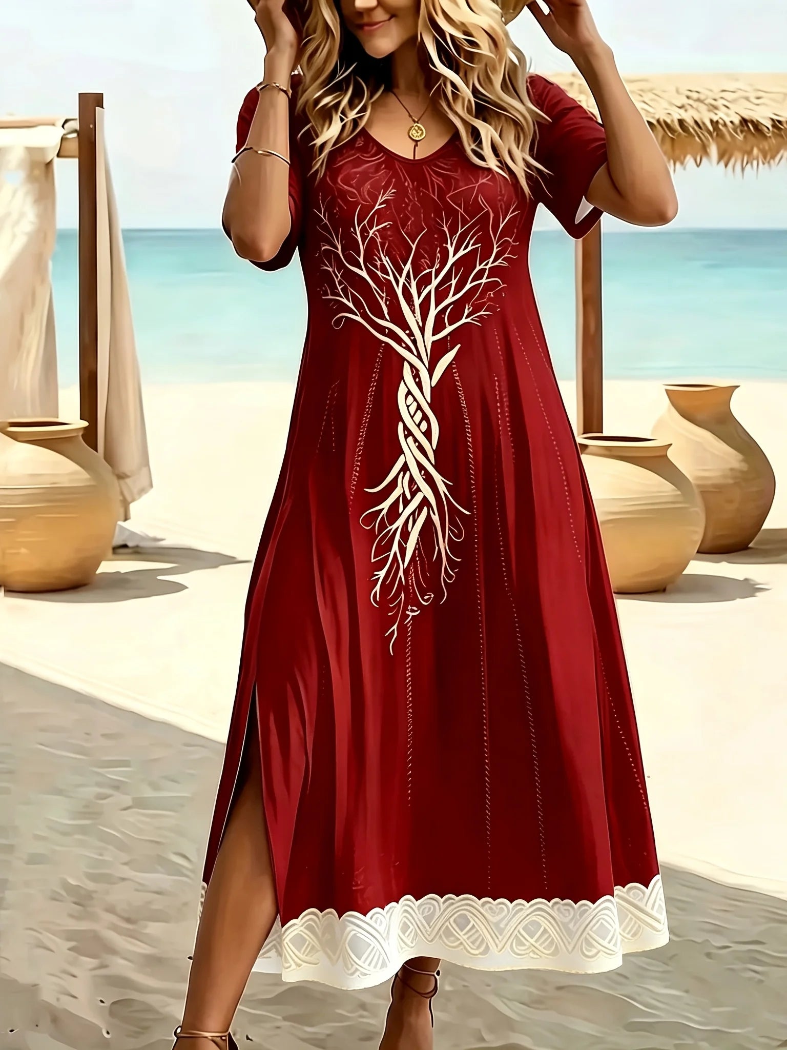 Vestido Plus Size Estampa Borboleta Decote V Manga Curta Fenda