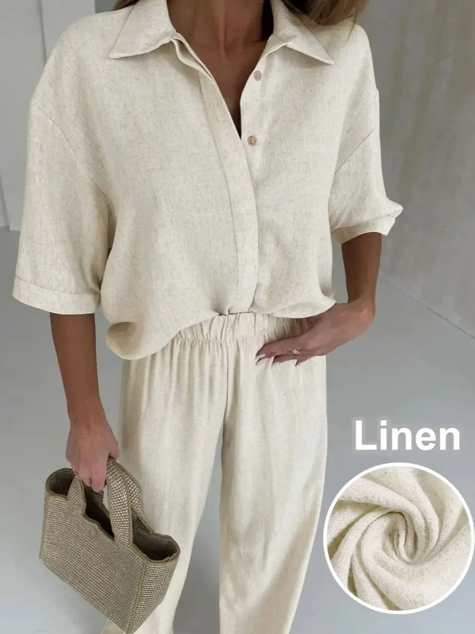Conjunto Feminino Linho Camisa Meia Manga e Calça Longa Casual