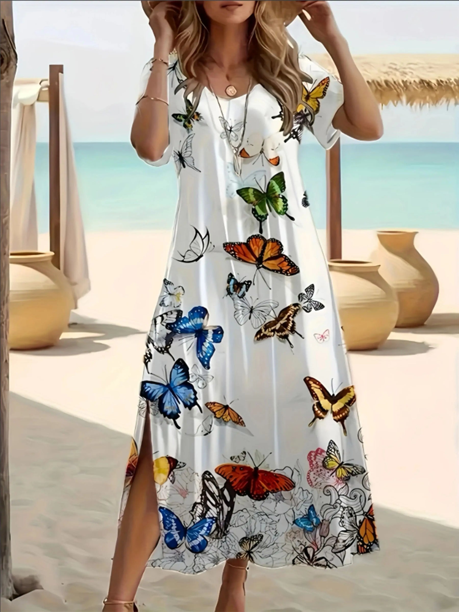 Vestido Plus Size Estampa Borboleta Decote V Manga Curta Fenda