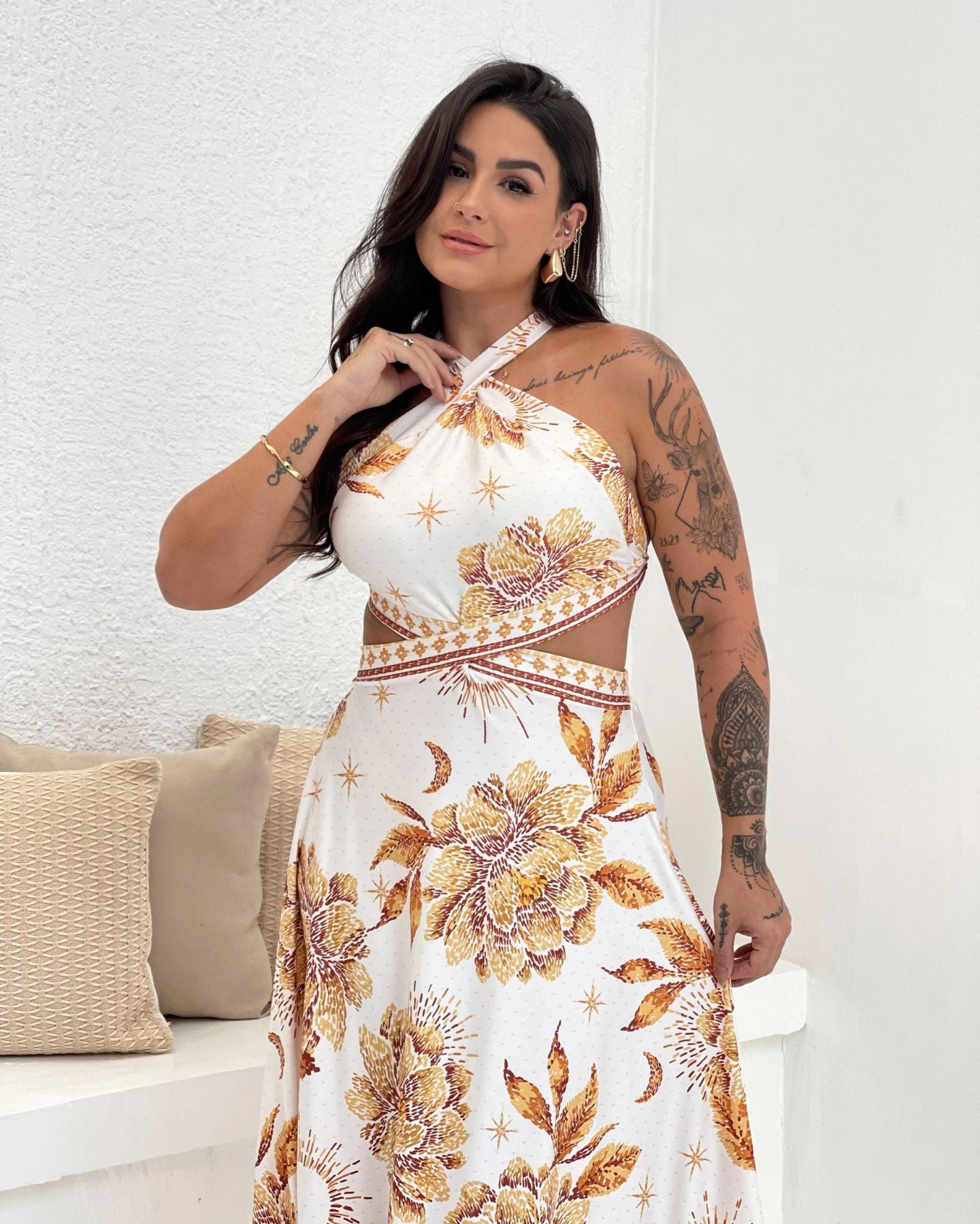 Vestido Longo Gabriela Jardim Dourado