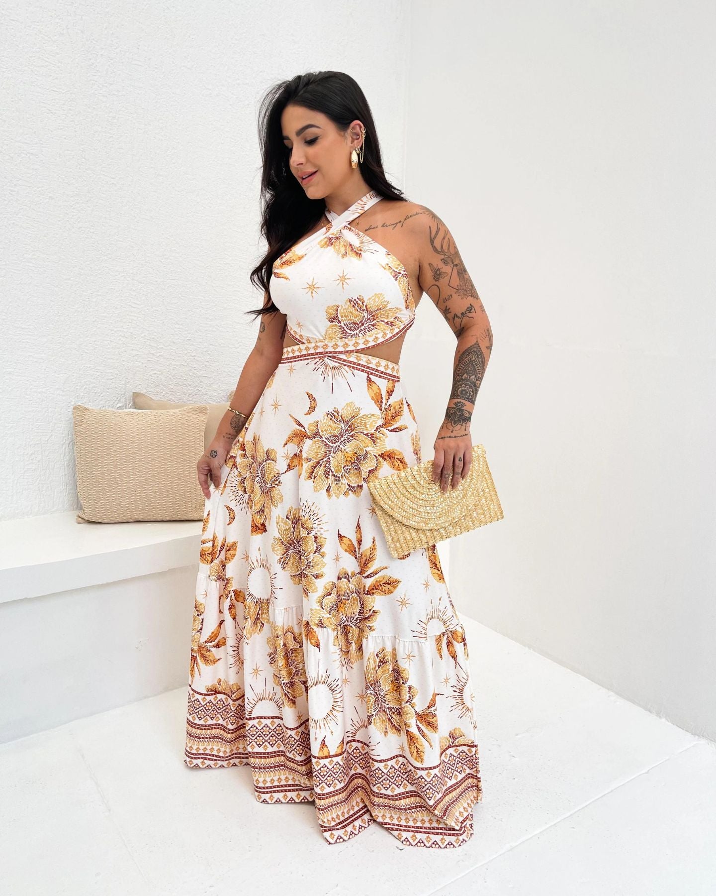Vestido Longo Gabriela Jardim Dourado