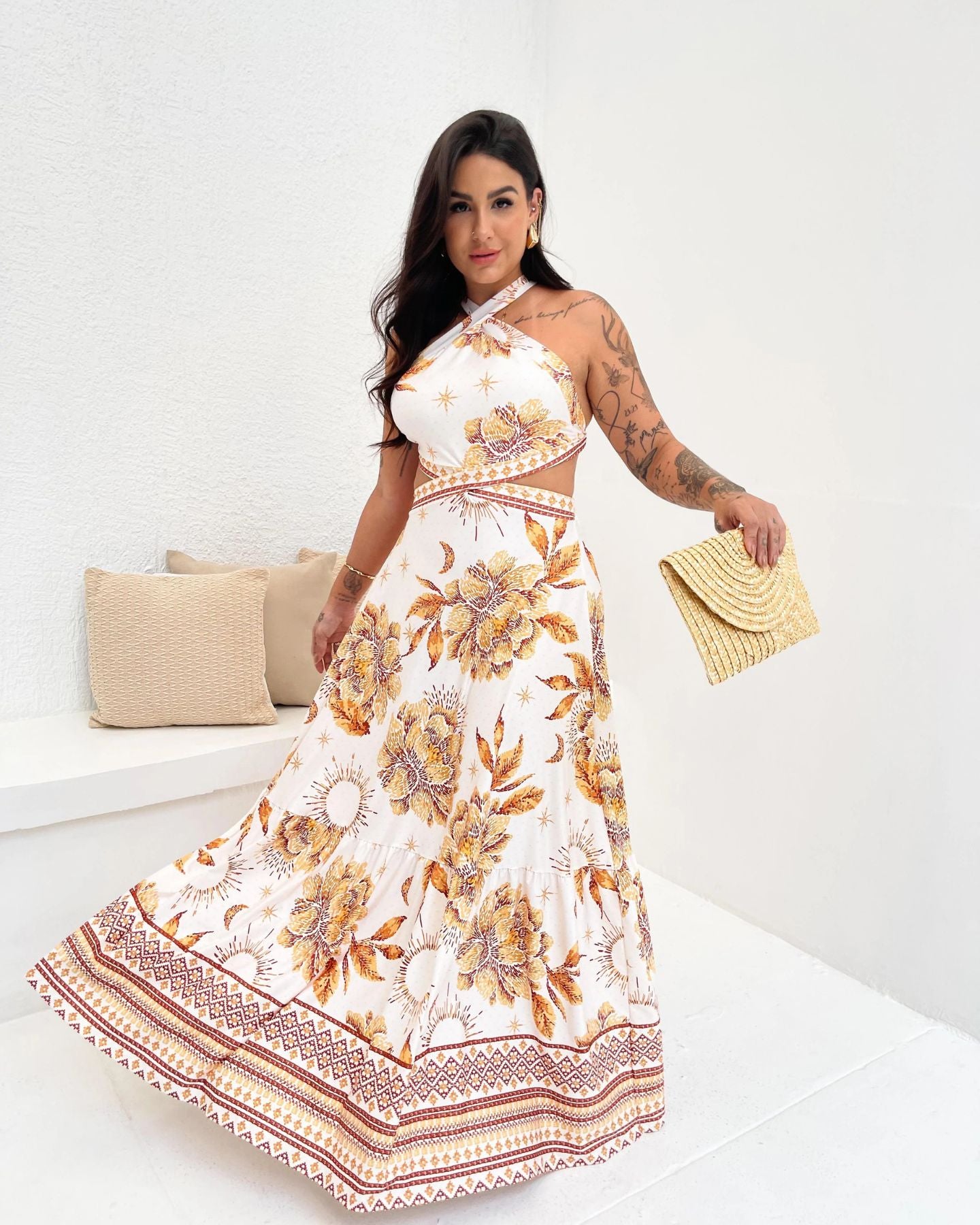 Vestido Longo Gabriela Jardim Dourado