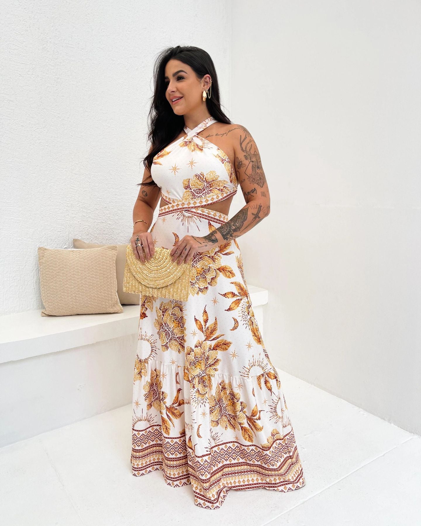 Vestido Longo Gabriela Jardim Dourado