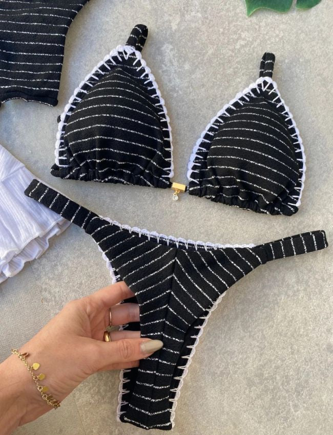Biquíni Cortininha com Crochê - Preto com Listra