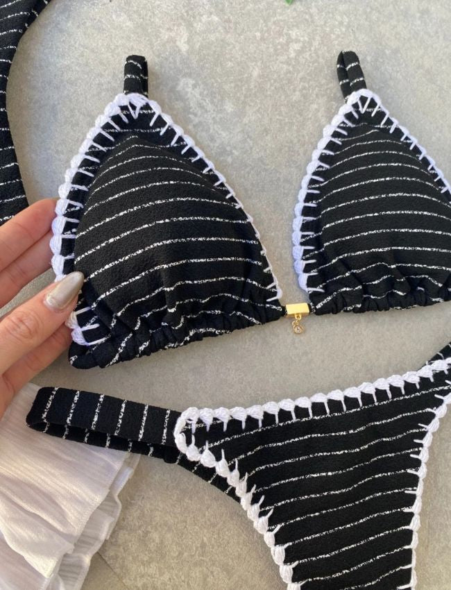 Biquíni Cortininha com Crochê - Preto com Listra