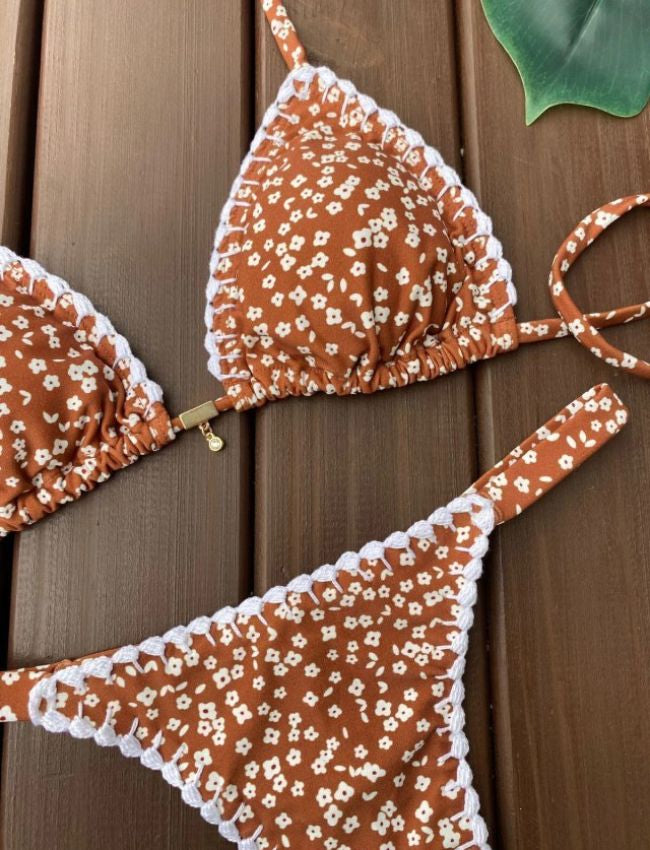 Biquíni Cortininha Flor com Crochê - Marrom