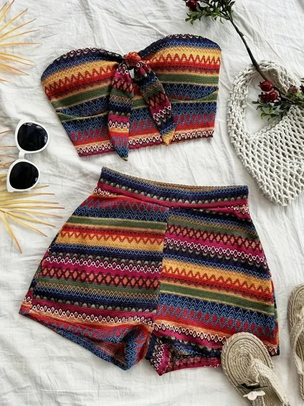 Conjunto Feminino Corset e Shorts Cintura Alta Texturizado