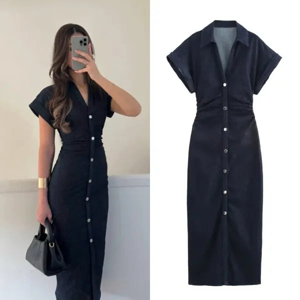 Vestido Jeans Midi Feminino com Lapela e Zíper Lateral
