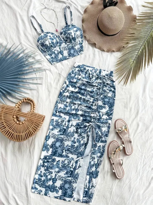 Vestido de Festa Resort 2 Peças — Estampado com Fenda Lateral Elegante