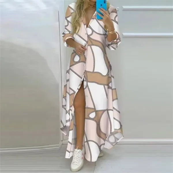 Vestido Longo Boho Estampado Manga Longa com Fenda
