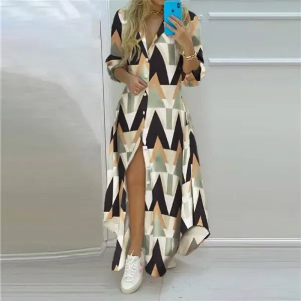Vestido Longo Boho Estampado Manga Longa com Fenda
