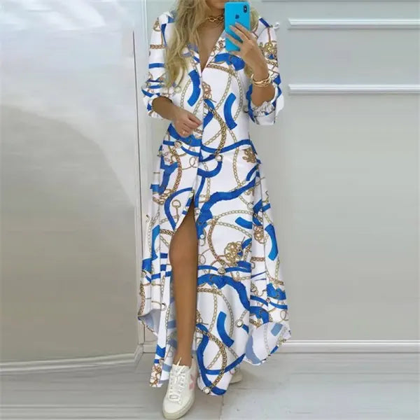 Vestido Longo Boho Estampado Manga Longa com Fenda