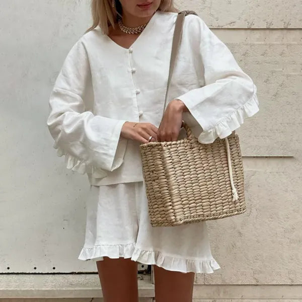 Conjunto Feminino Linho Camisa Manga Longa e Shorts Plissado