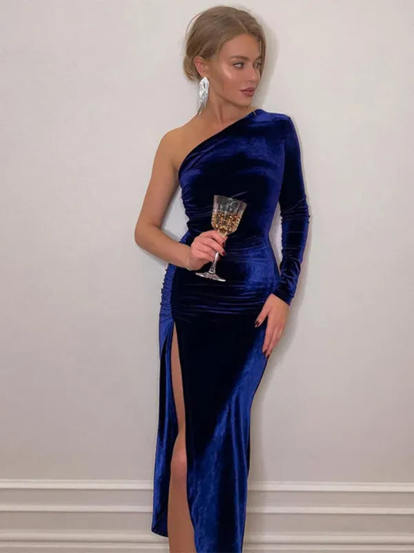 Vestido Midi Veludo Bodycon Manga Longa Fenda Elegante