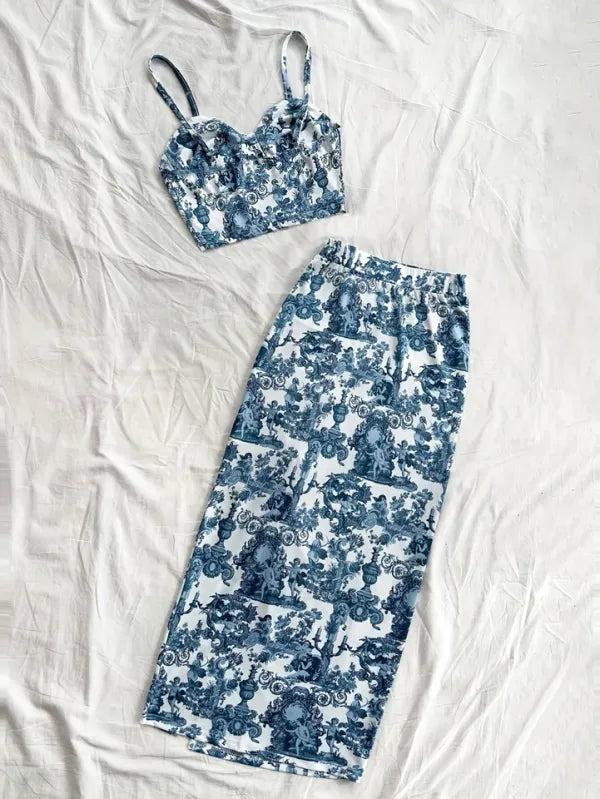 Vestido de Festa Resort 2 Peças — Estampado com Fenda Lateral Elegante