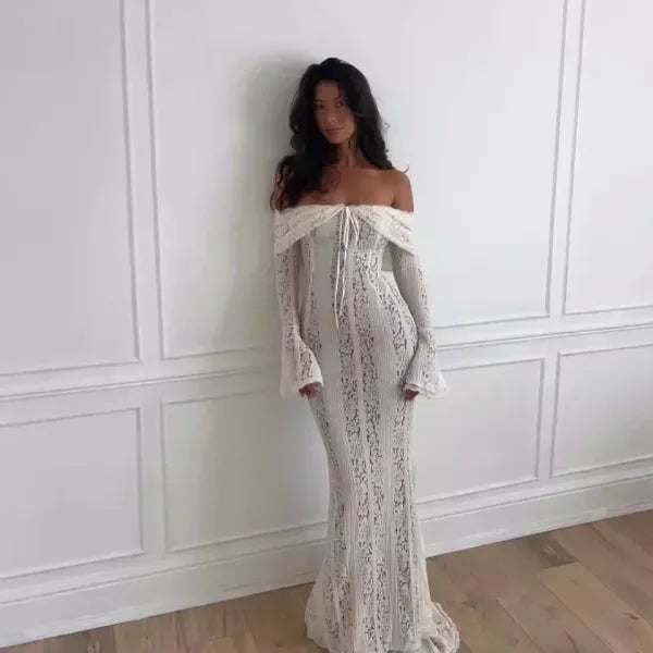 Vestido Longo Ombro a Ombro Renda Festa Elegante 2025