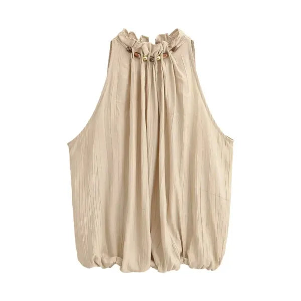 Conjunto Feminino Verão 2026 - Colete Cáqui com Miçangas