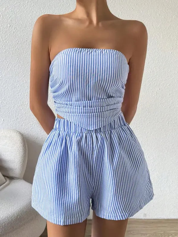 Conjunto Feminino Top Cropped Azul com Calça Wide Leg