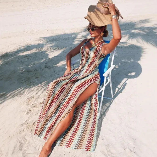 Vestido Longo Tricotado Boêmio Cintura Alta Feminino