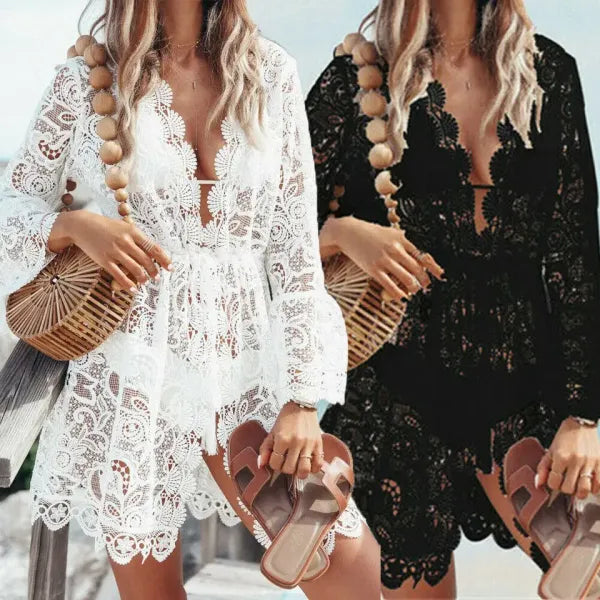 Saída de Praia Crochê Renda Decote V — Moda Praia