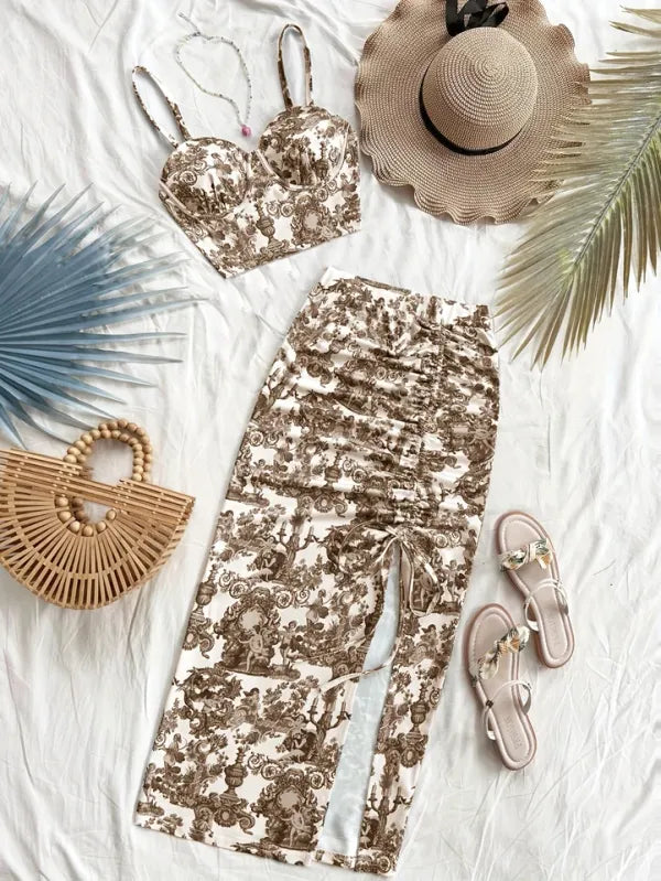 Vestido de Festa Resort 2 Peças — Estampado com Fenda Lateral Elegante