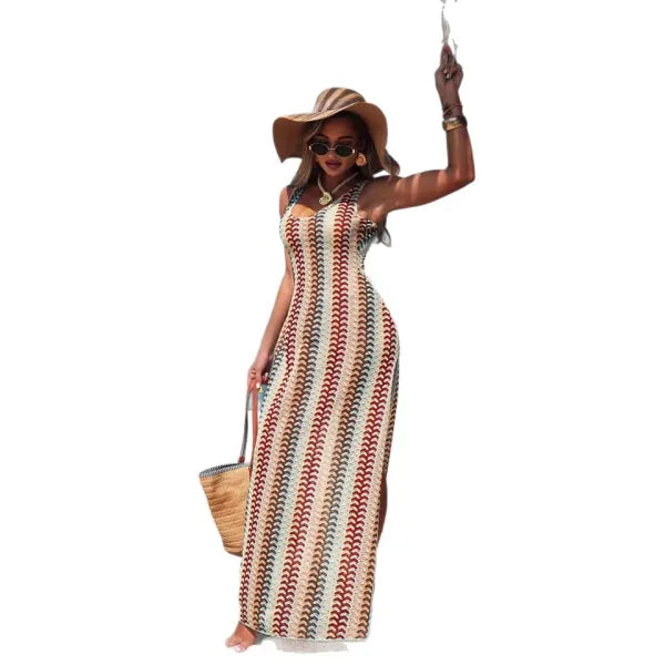 Vestido Longo Tricotado Boêmio Cintura Alta Feminino