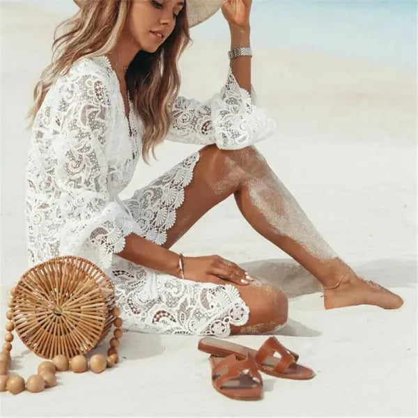 Saída de Praia Crochê Renda Decote V — Moda Praia