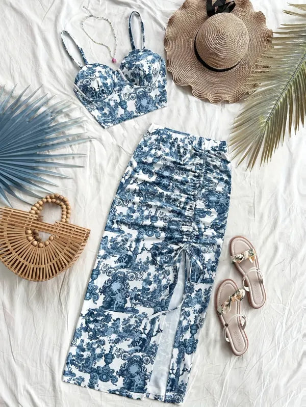 Vestido de Festa Resort 2 Peças — Estampado com Fenda Lateral Elegante