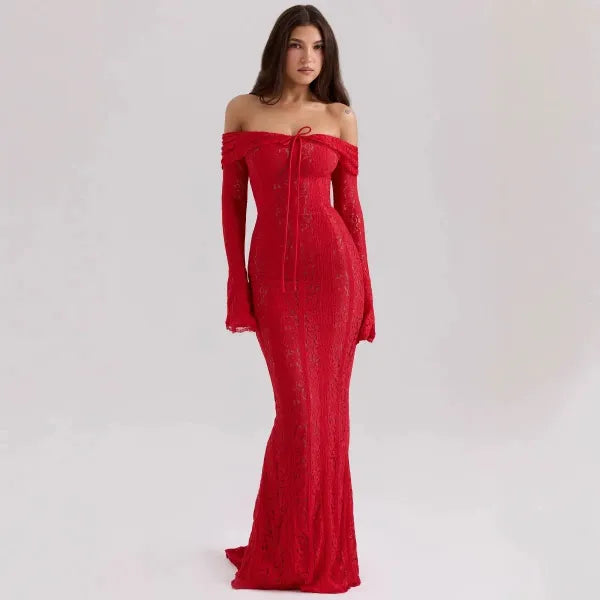 Vestido Longo Ombro a Ombro Renda Festa Elegante 2025