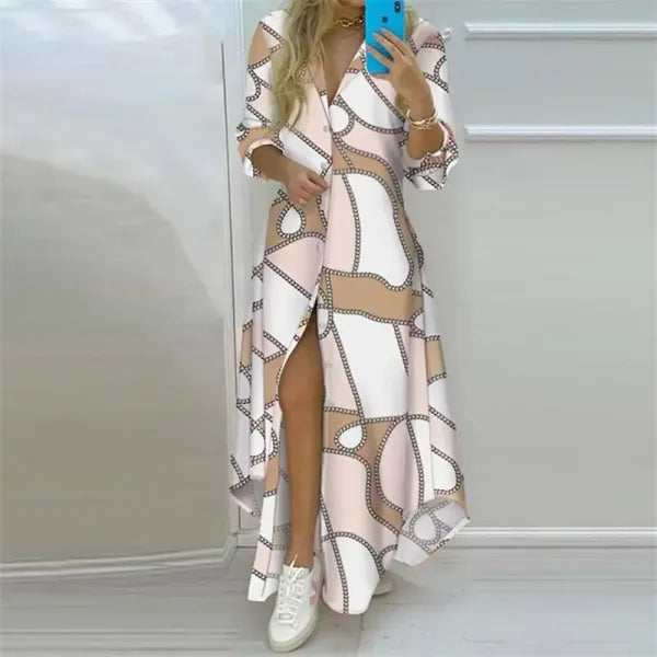 Vestido Longo Boho Estampado Manga Longa com Fenda