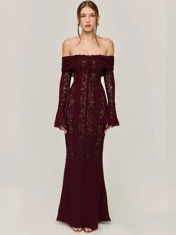 Vestido Longo Ombro a Ombro Renda Festa Elegante 2025