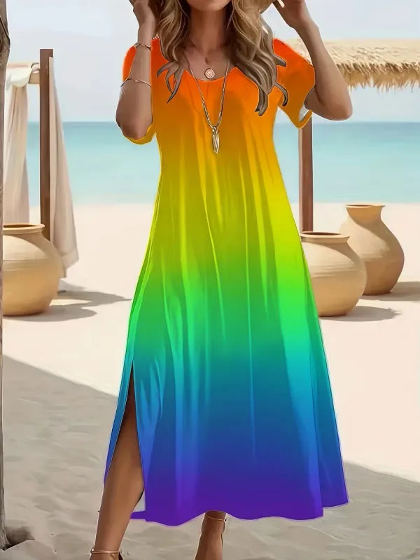 Vestido Plus Size Estampa Borboleta Decote V Manga Curta Fenda