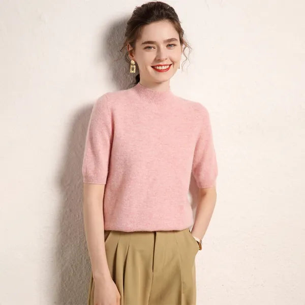 Suéter Feminino Caxemira 100% Meia Gola Alta Manga Curta Premium