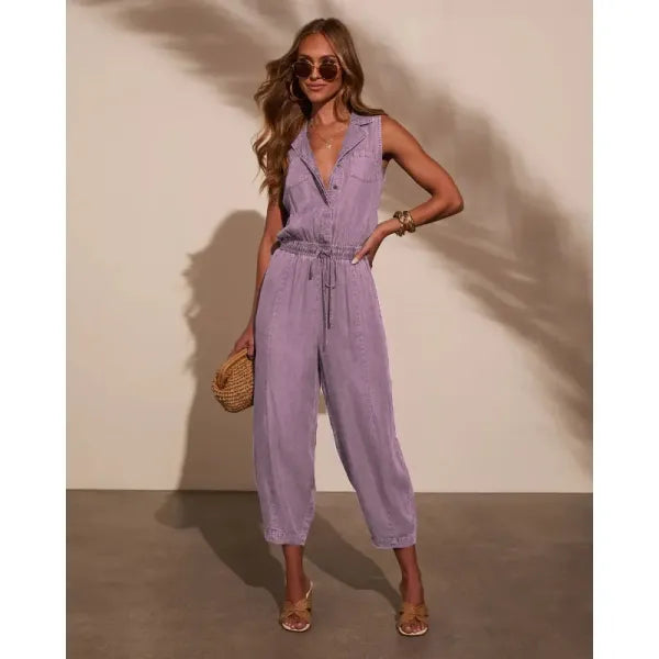 Macacão Jeans Feminino com Cordão e Bolsos — Look Casual Elegante