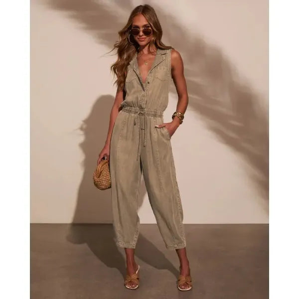 Macacão Jeans Feminino com Cordão e Bolsos — Look Casual Elegante