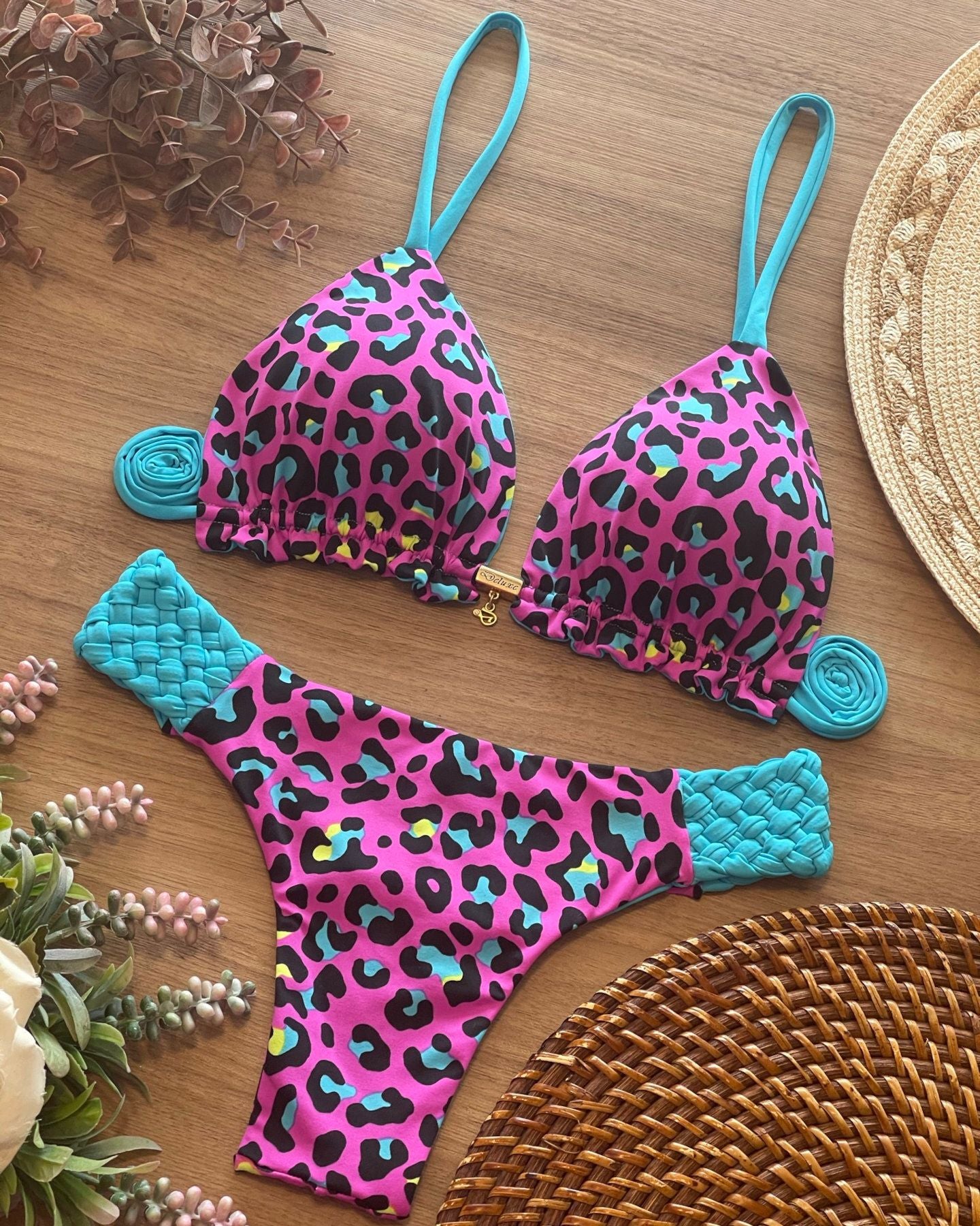 Biquíni Conjunto Trançado - Animal Print Onça Rosa