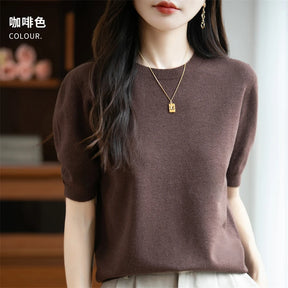 Blusa Feminina 100% Lã Pura Manga Curta Gola Redonda Solta
