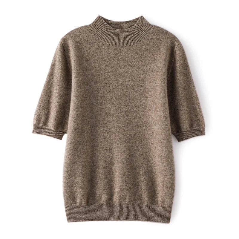 Suéter Feminino Caxemira 100% Meia Gola Alta Manga Curta Premium