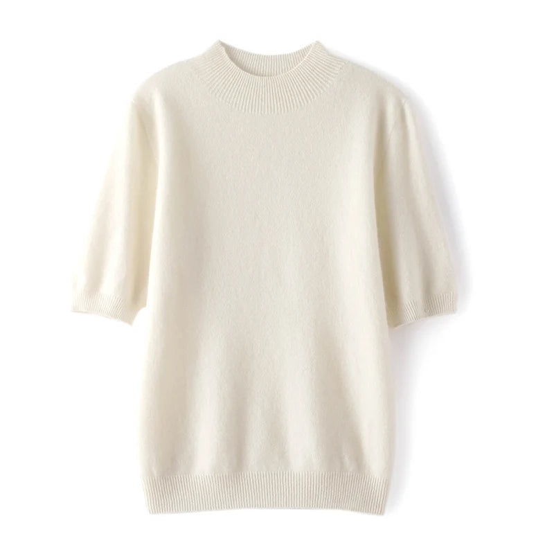 Suéter Feminino Caxemira 100% Meia Gola Alta Manga Curta Premium