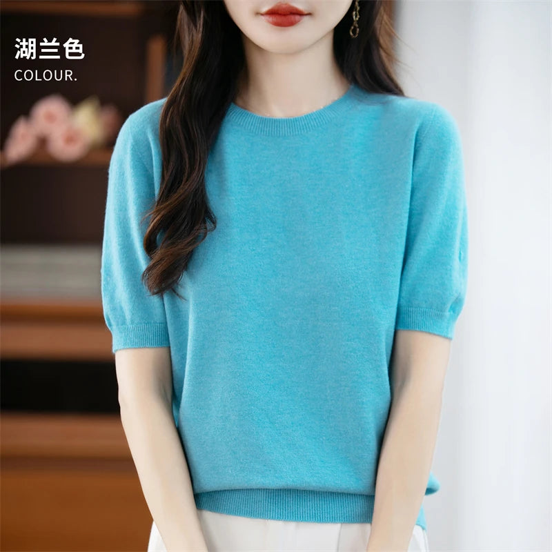 Blusa Feminina 100% Lã Pura Manga Curta Gola Redonda Solta