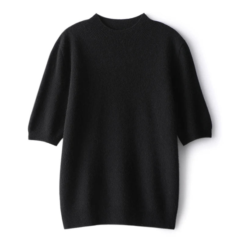 Suéter Feminino Caxemira 100% Meia Gola Alta Manga Curta Premium