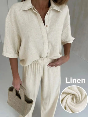 Conjunto Feminino Linho Camisa Meia Manga e Calça Longa Casual