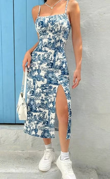 Vestido Longo Feminino Estampa Leopardo Fenda Alta com Alça