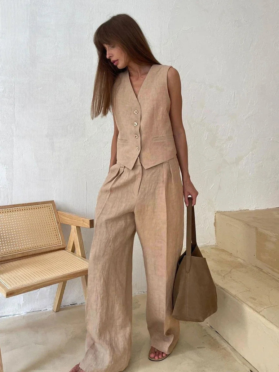 Conjunto Feminino Colete e Calça Linho Alfaiataria Chique 2 Peças