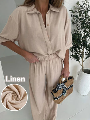 Conjunto Feminino Linho Camisa Meia Manga e Calça Longa Casual