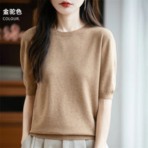 Blusa Feminina 100% Lã Pura Manga Curta Gola Redonda Solta