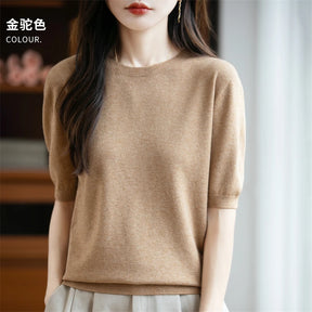Blusa Feminina 100% Lã Pura Manga Curta Gola Redonda Solta