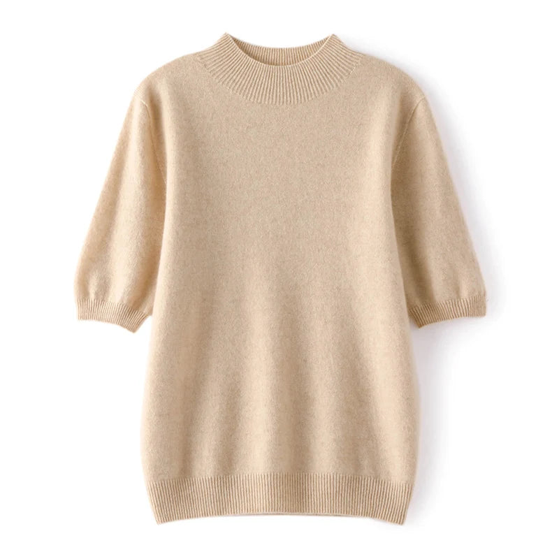 Suéter Feminino Caxemira 100% Meia Gola Alta Manga Curta Premium