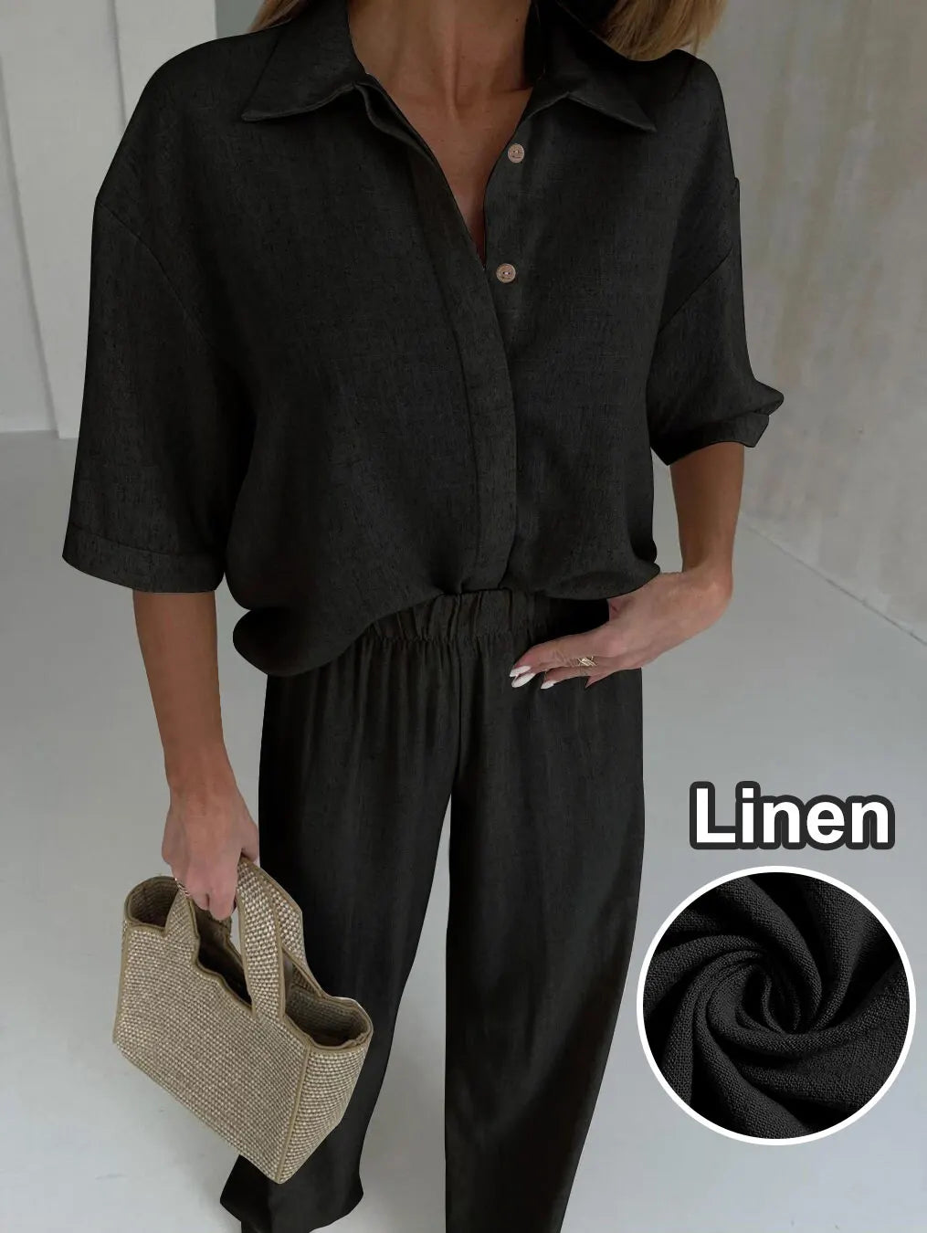 Conjunto Feminino Linho Camisa Meia Manga e Calça Longa Casual