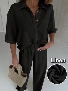 Conjunto Feminino Linho Camisa Meia Manga e Calça Longa Casual